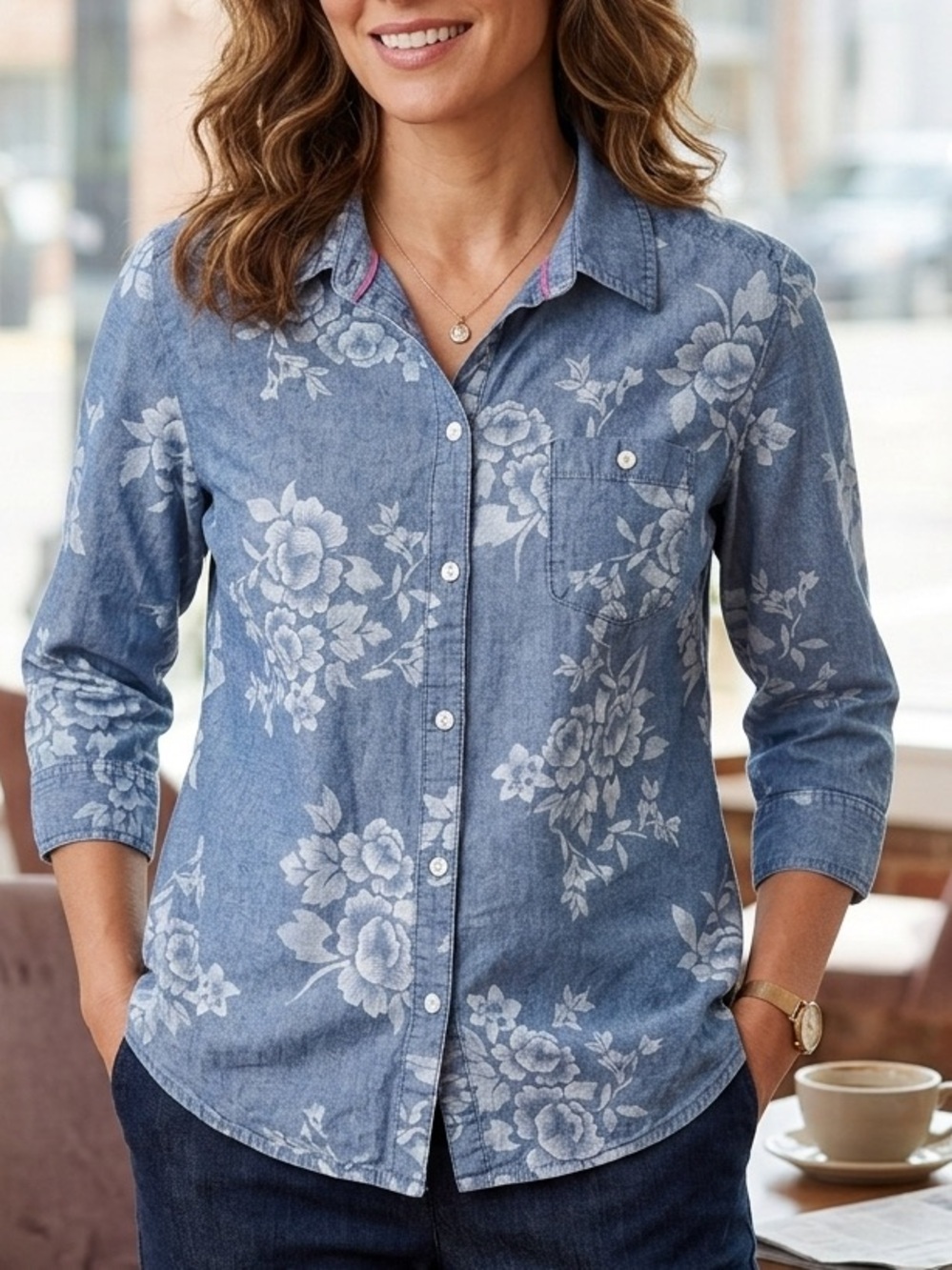 Karen Scott Blue Floral Button-Down Shirt M